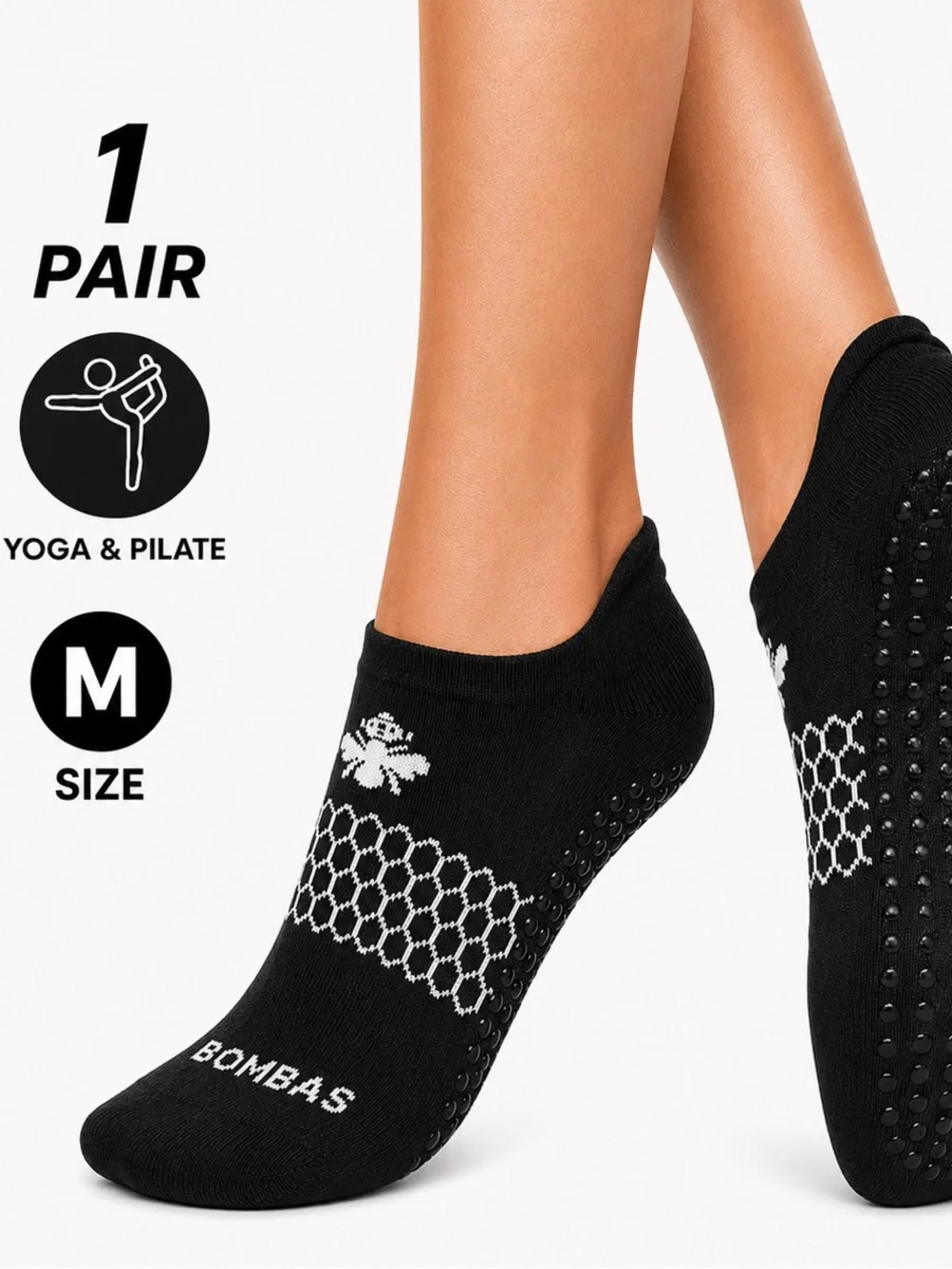 Bombas Gripper Ankle Socks Black White M Pilates